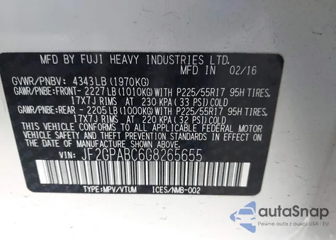 2016 Subaru Crosstrek 2.0I Premium z USA, uszkodzony, nr VIN JF2GPABC6G8265655